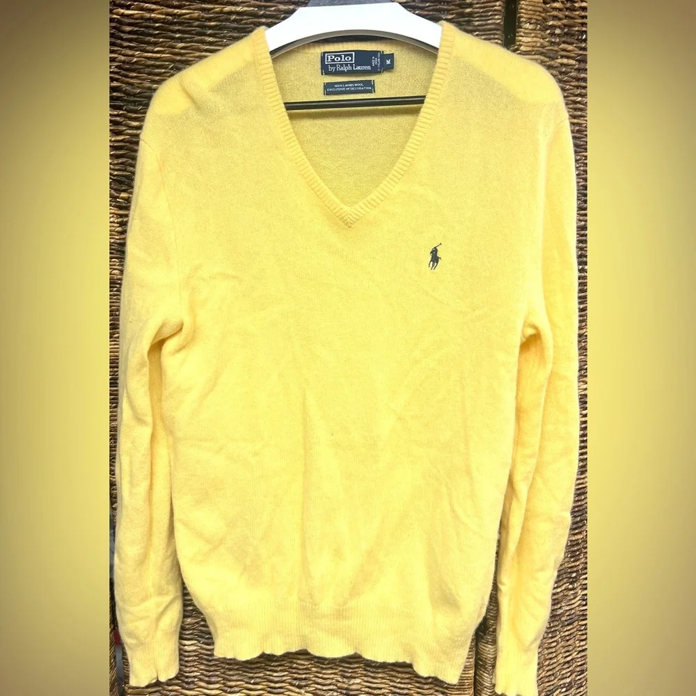 Polo by Ralph‎ Lauren - Mens Yellow V-Neck Lambswool Sweater, Logo left chest, M
